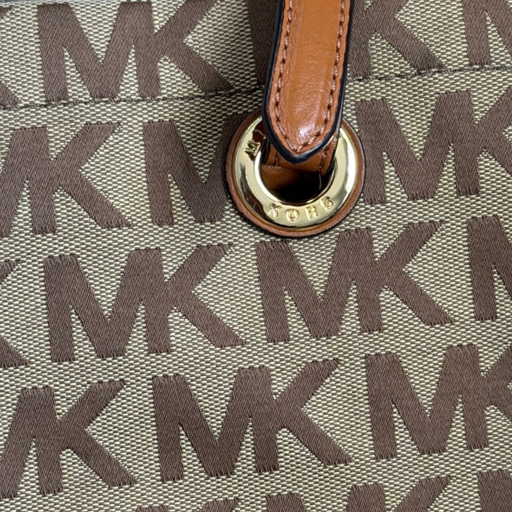 Michael Kors Tote Bag Womens Large Beige Brown MK Monogram Jacquard Canvas Work - Picture 5 of 8